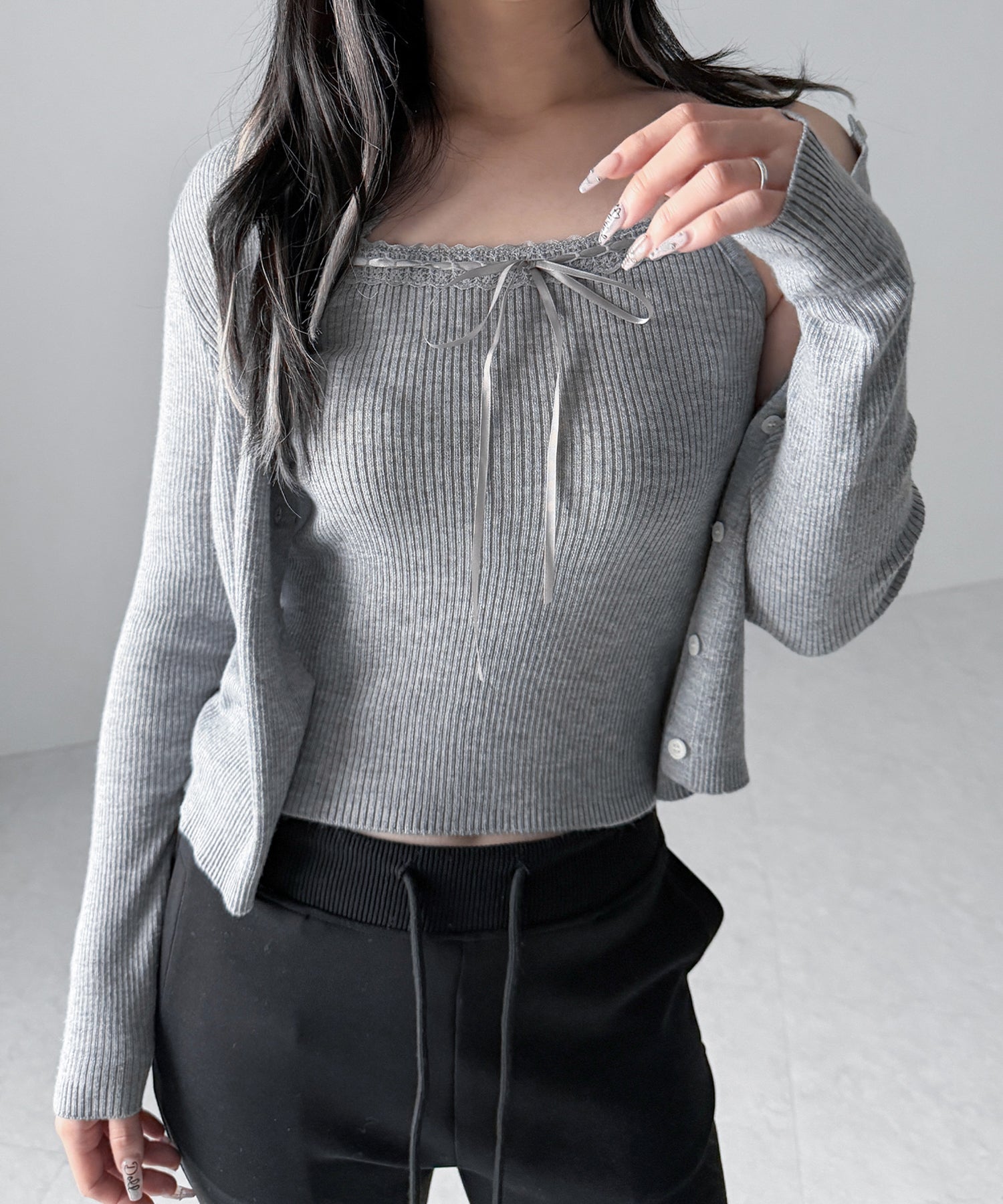 【 2点セット 】リボンリブニットキャミソール + カーディガンセット / ribbon rib knit camisole + cardigan set