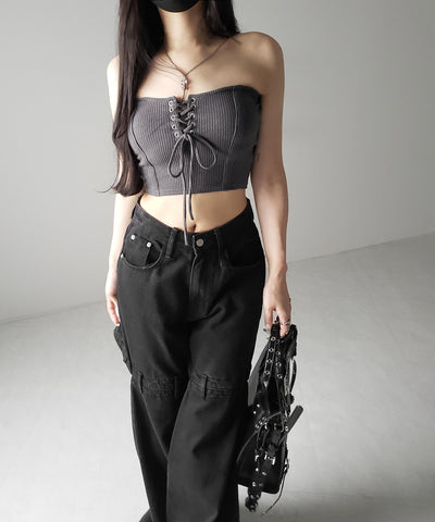 【カップ付き 】レースアップコルセットリボンショートリブベアトップ / laceup corset ribbon short ribbed bare top