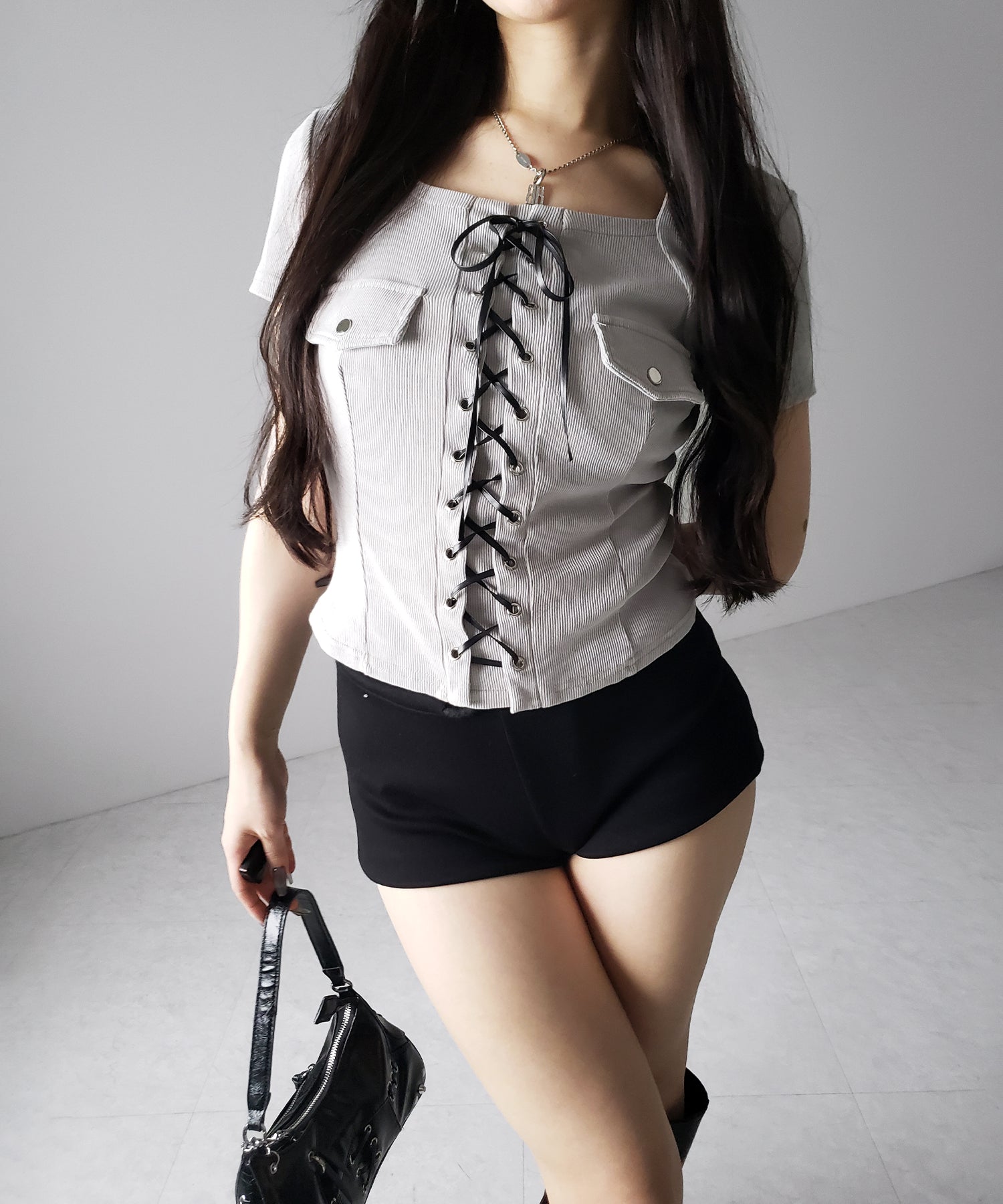 ヴィンテージレースアップスクエア半袖Tシャツ / vintage laceup square T-shirts