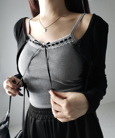 【 カップ付き 】サテンリボンレースリブキャミソール / satin ribbon lace lib camisole