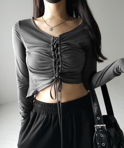 レースアップショートスリムカットソートップス / lace up short slim cut and sew tops