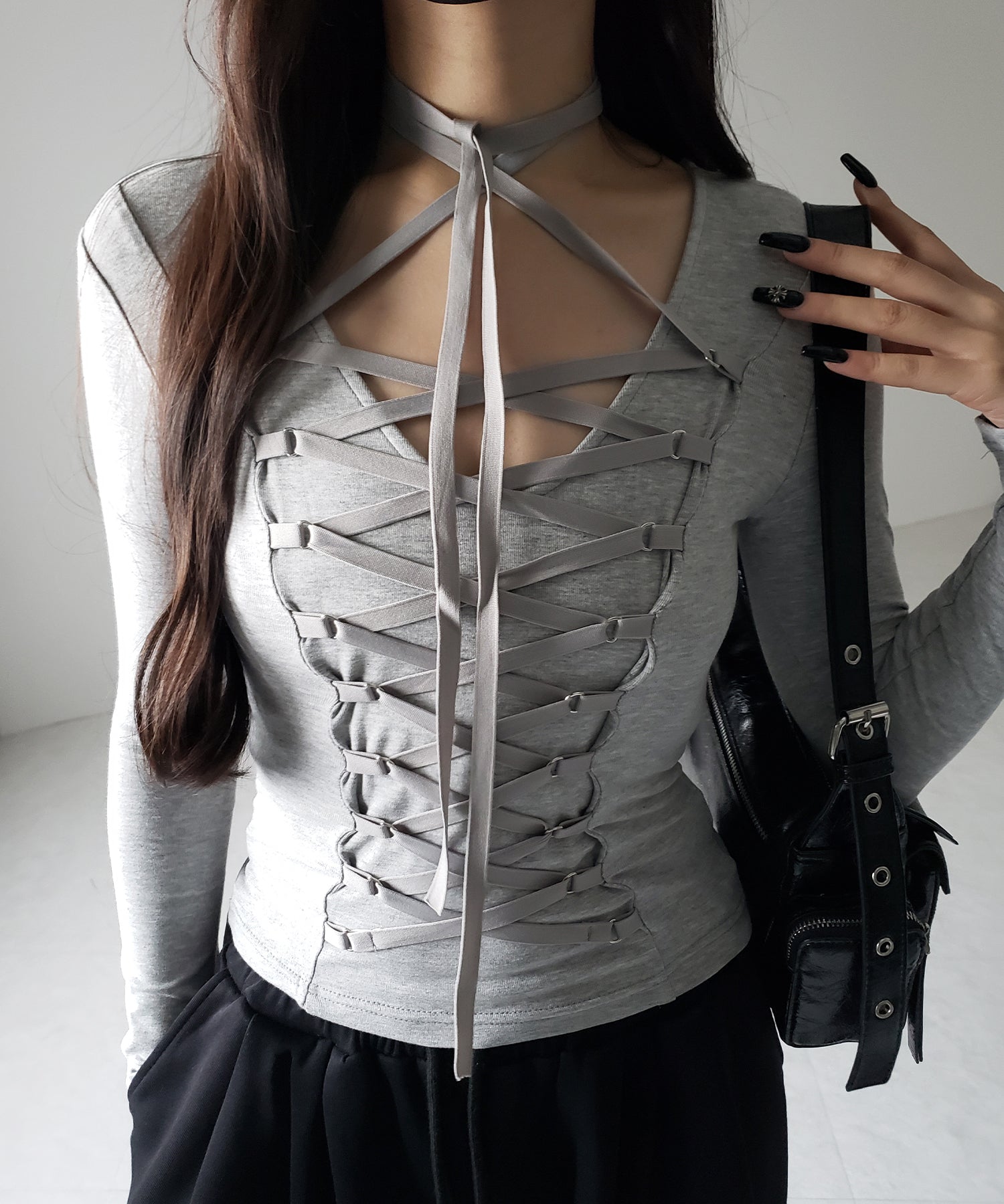 【 3WAY /2color 】レースアップコルセットリボンチョーカートップス / lace up corset ribbon choker tops
