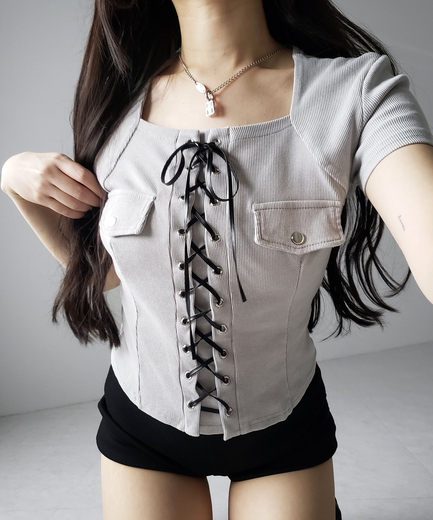 ヴィンテージレースアップスクエア半袖Tシャツ / vintage laceup square T-shirts