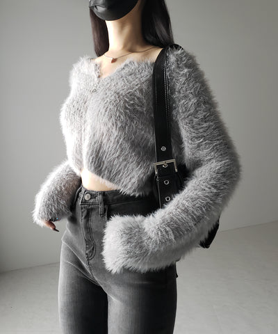 フロントジップショートシャギーニットカーディガン / front zip short shaggy knit cardigan