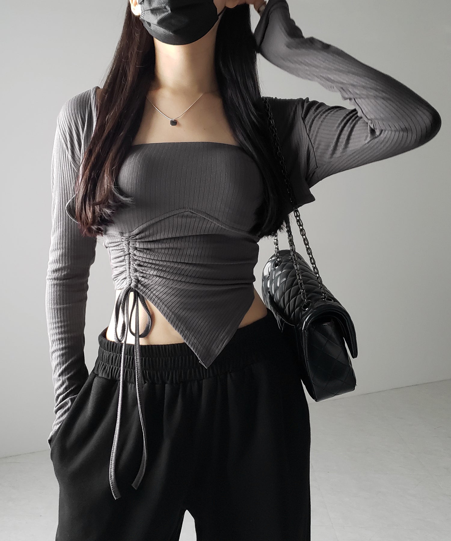 【 2点セット 】シャーリングリボンベアトップス & ショートカーディガン SET / shirring ribbon bare tops & short cardigan SET