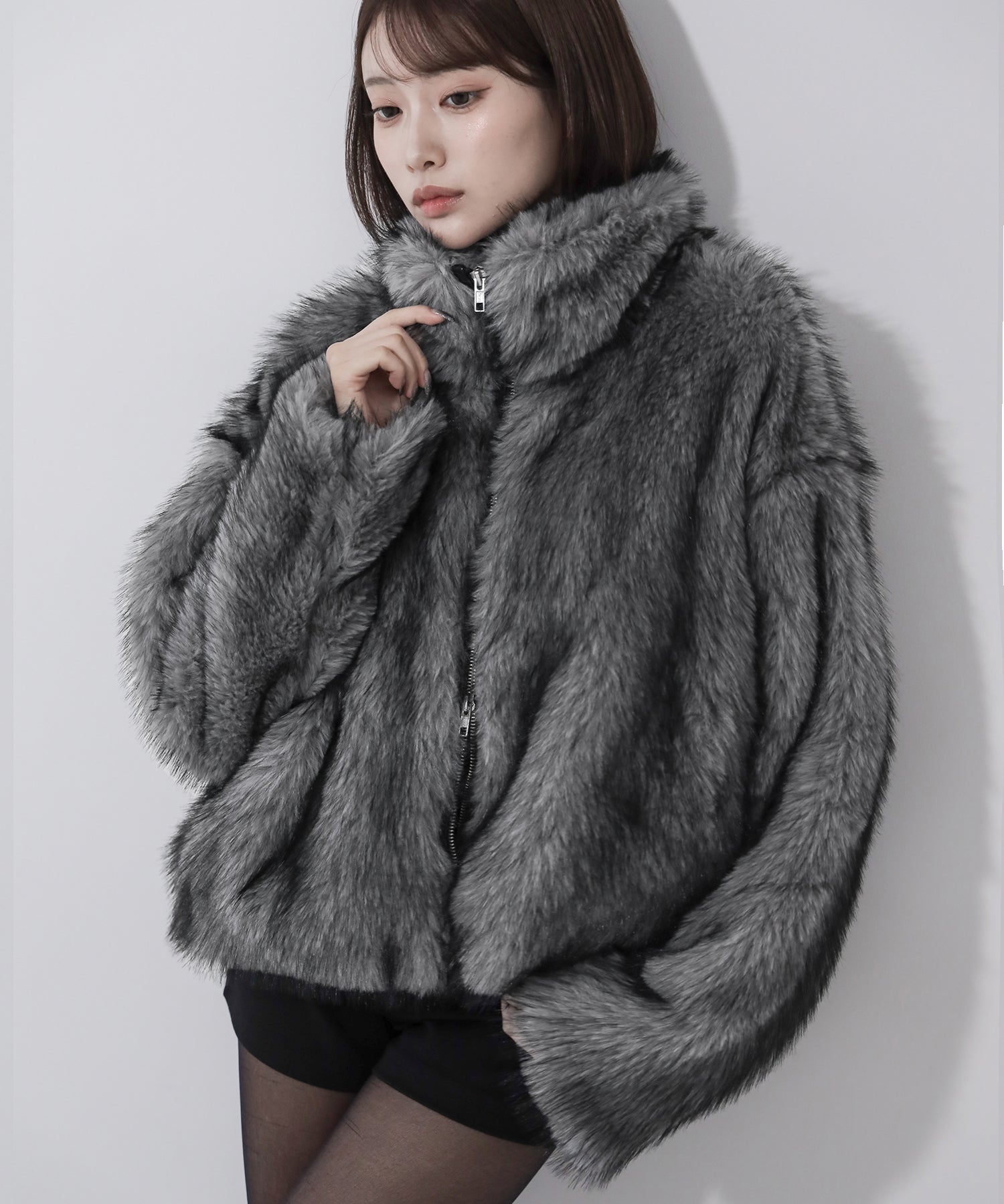 ダブルジップスタンドカラーミックスファージャケット / double zip stand collar mix fur jacket