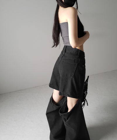 【カップ付き 】レースアップコルセットリボンショートリブベアトップ / laceup corset ribbon short ribbed bare top