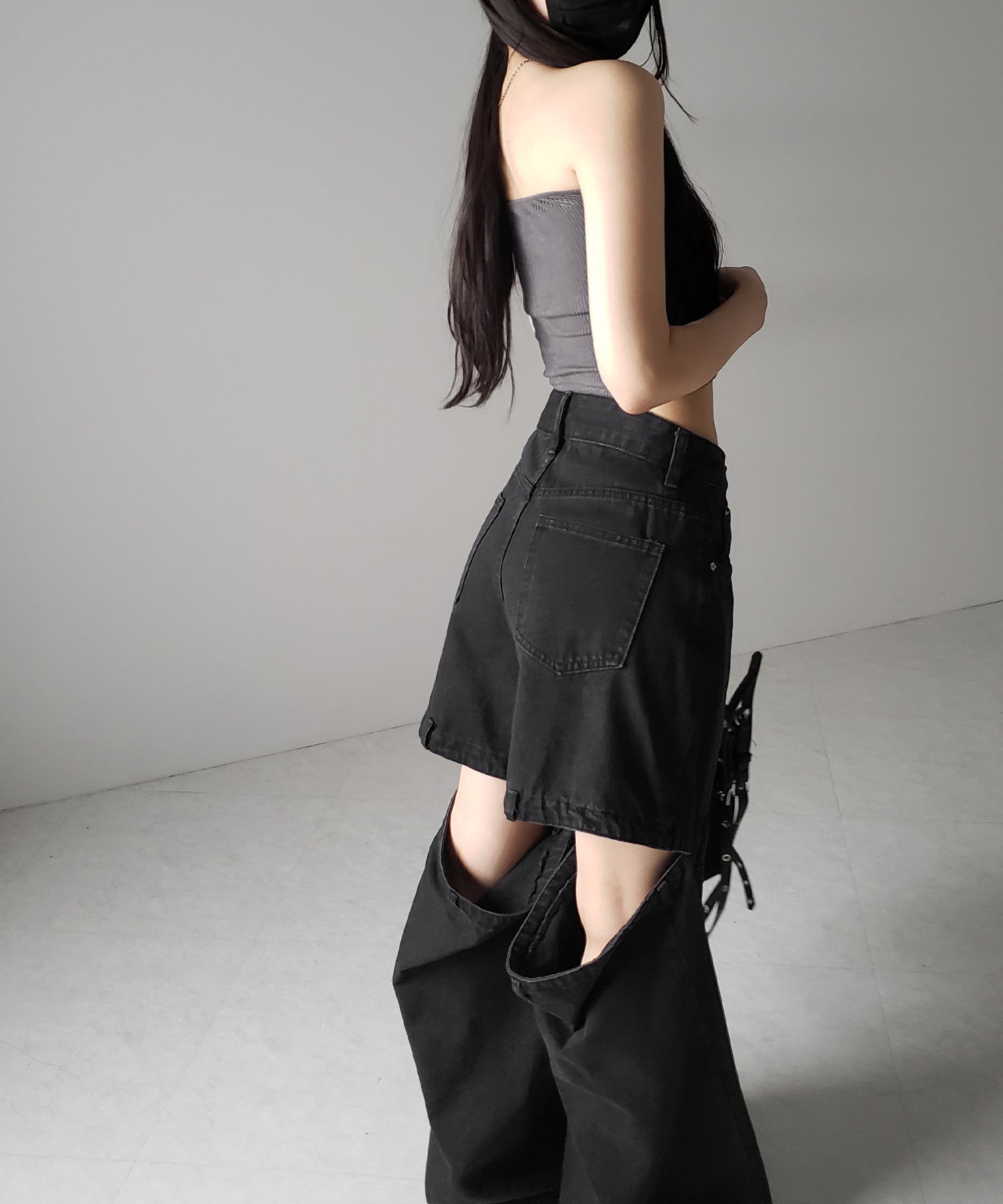 【カップ付き 】レースアップコルセットリボンショートリブベアトップ / laceup corset ribbon short ribbed bare top