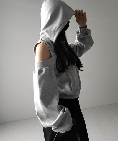オープンショルダーカットアウトジップアップパーカー / open shoulder cut out zip up hoodie