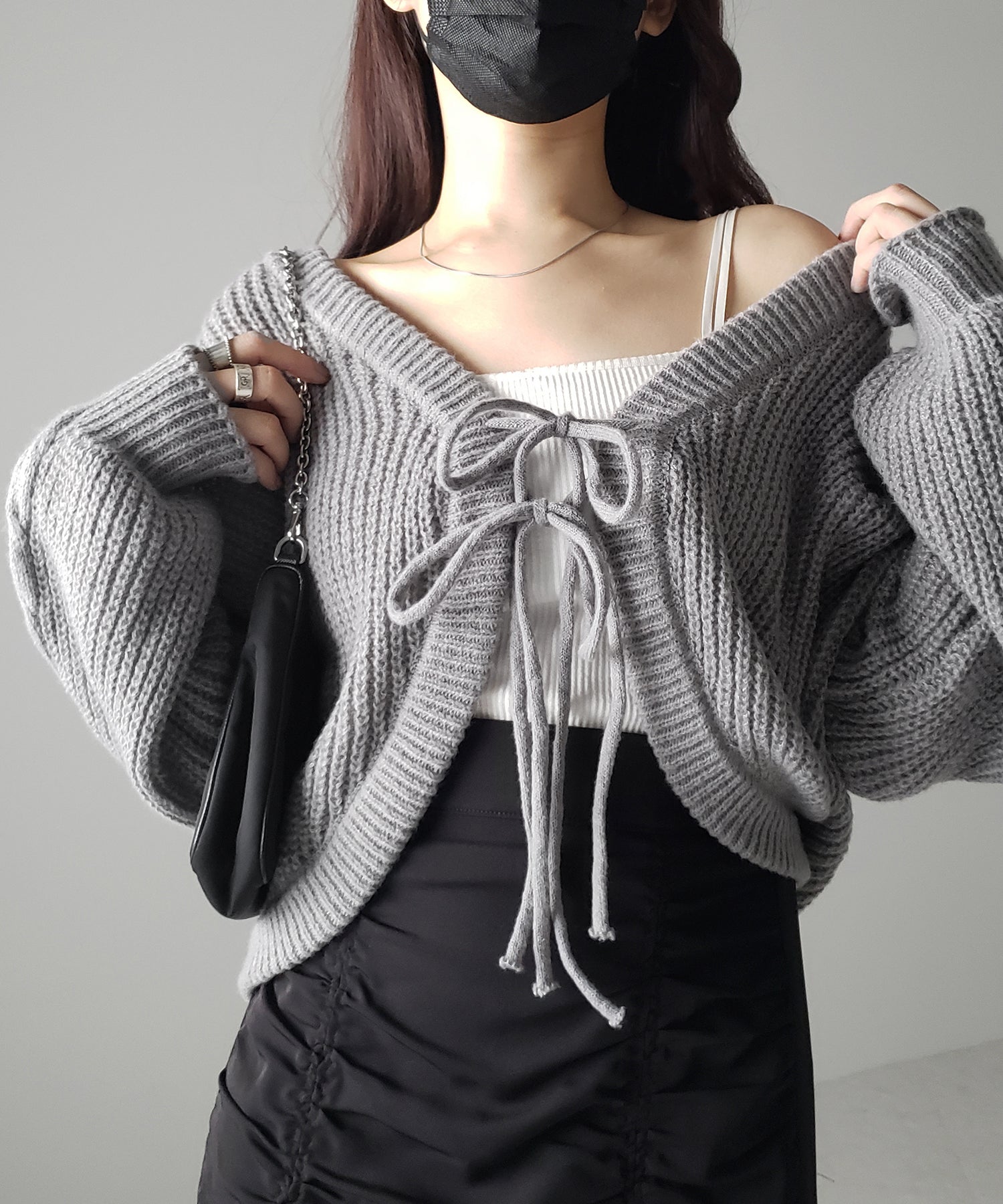 【 5color 】フロントダブルリボンショートボレロカーディガン