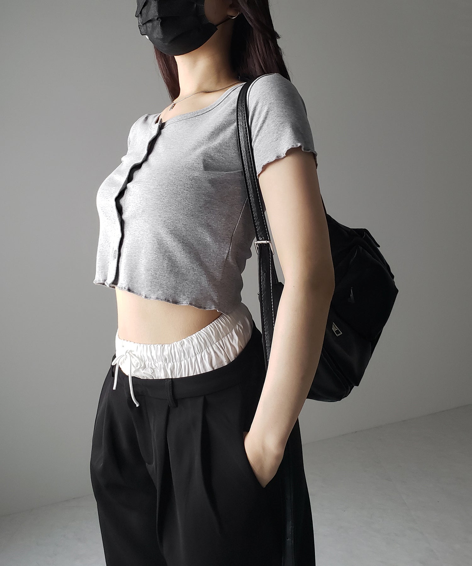 【 3color 】フロントボタン半袖メローショートTシャツ / front button mellow short Tee