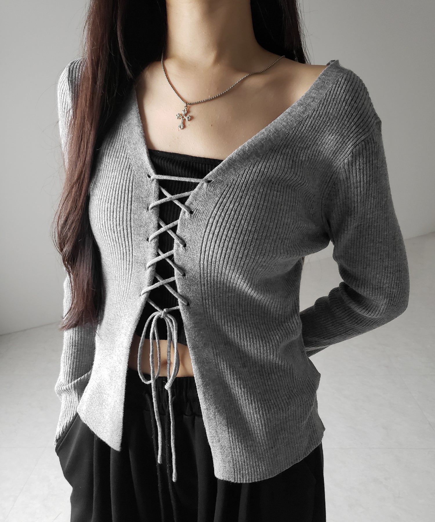 【 3color 】レースアップリボンリブニットカーディガン / lace up ribbon rib knit cardigan