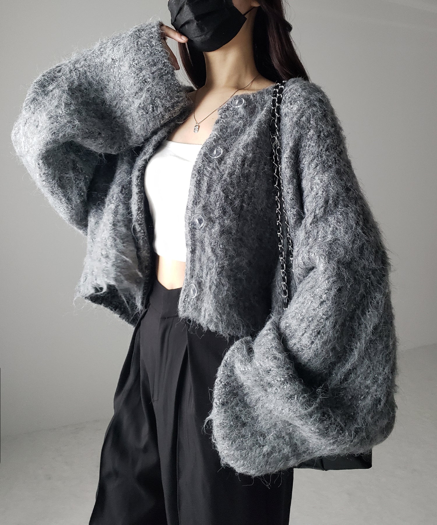 ボリュームワイドスリーブショートシャギーニットカーディガン / volume wide sleeve short shaggy knit cardigan