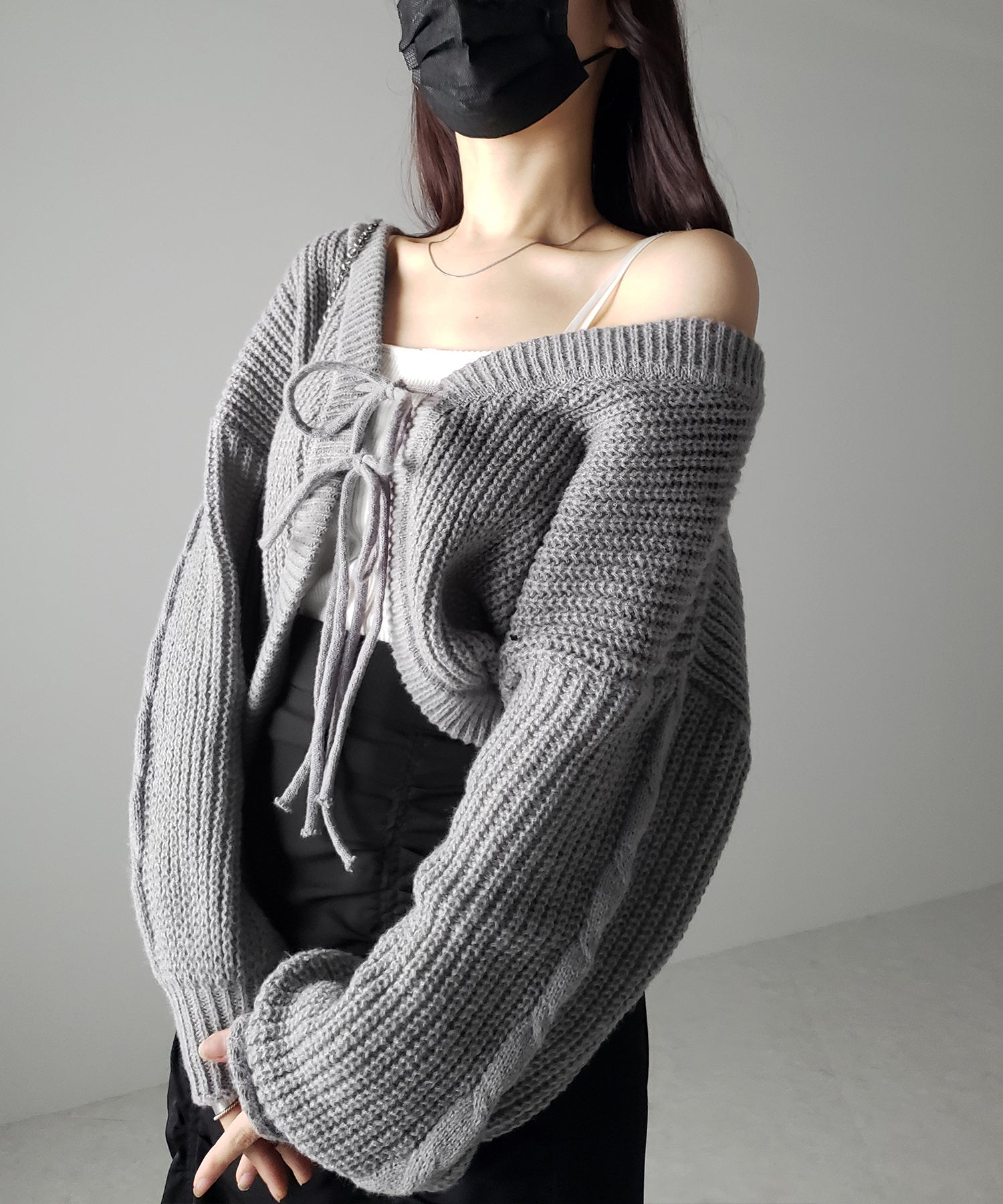 【 5color 】フロントダブルリボンショートボレロカーディガン