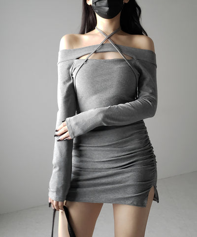 【 2WAY 】クロスストラップリボンカットアウトオフショルミニワンピース / cross strap ribbon cutout offshoulder mini onepiece