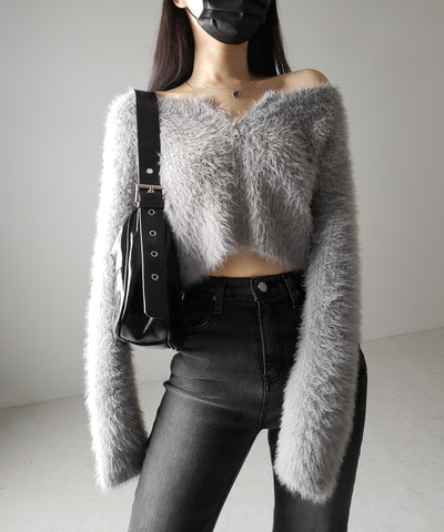 フロントジップショートシャギーニットカーディガン / front zip short shaggy knit cardigan