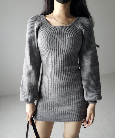 スクエアネックリブニットミニワンピース / square neck rib knit mini one piece
