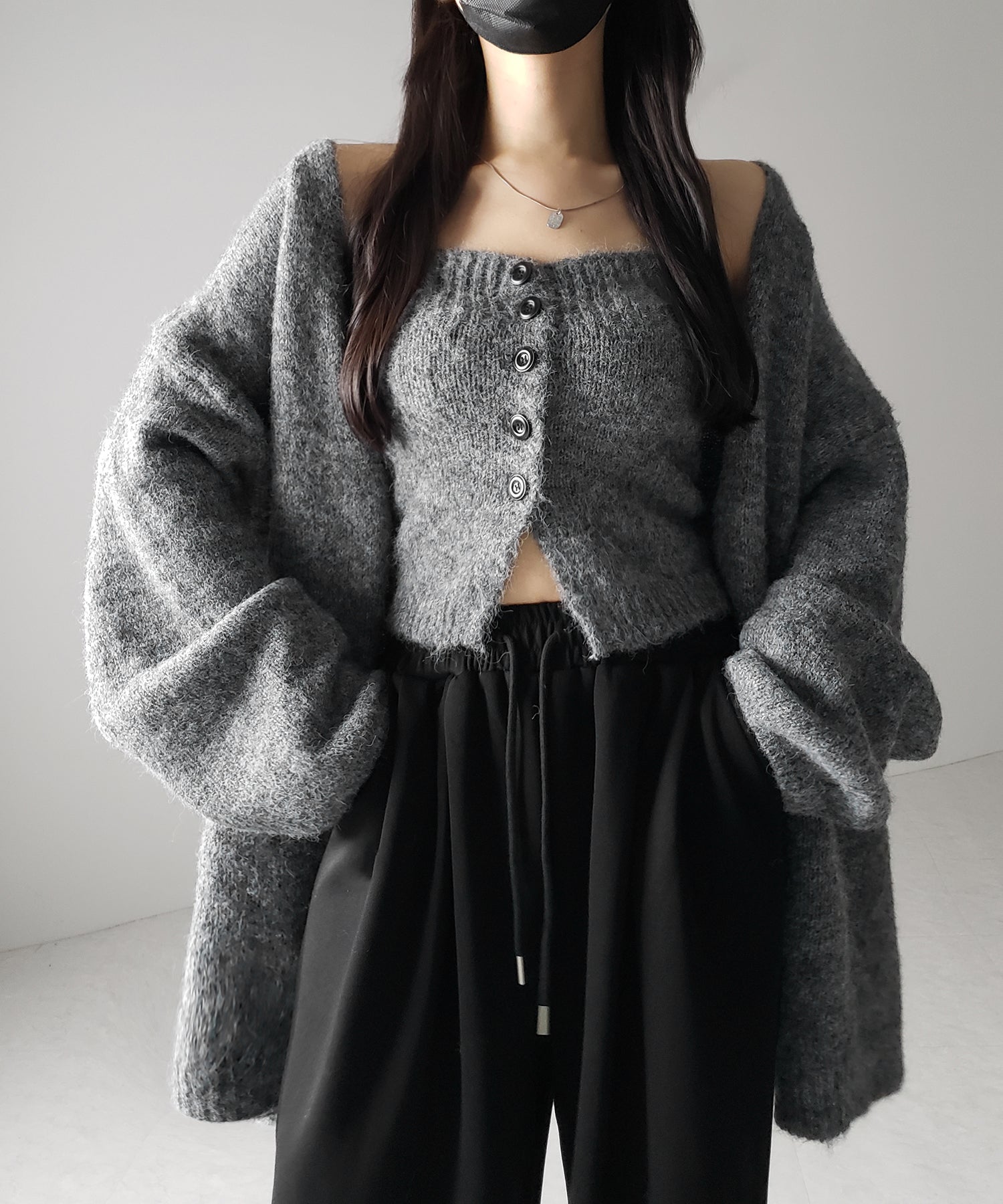 【 2点セット 】ニットボタンビスチェ +ロングカーディガンセット / knit button bustier + long cardigan set