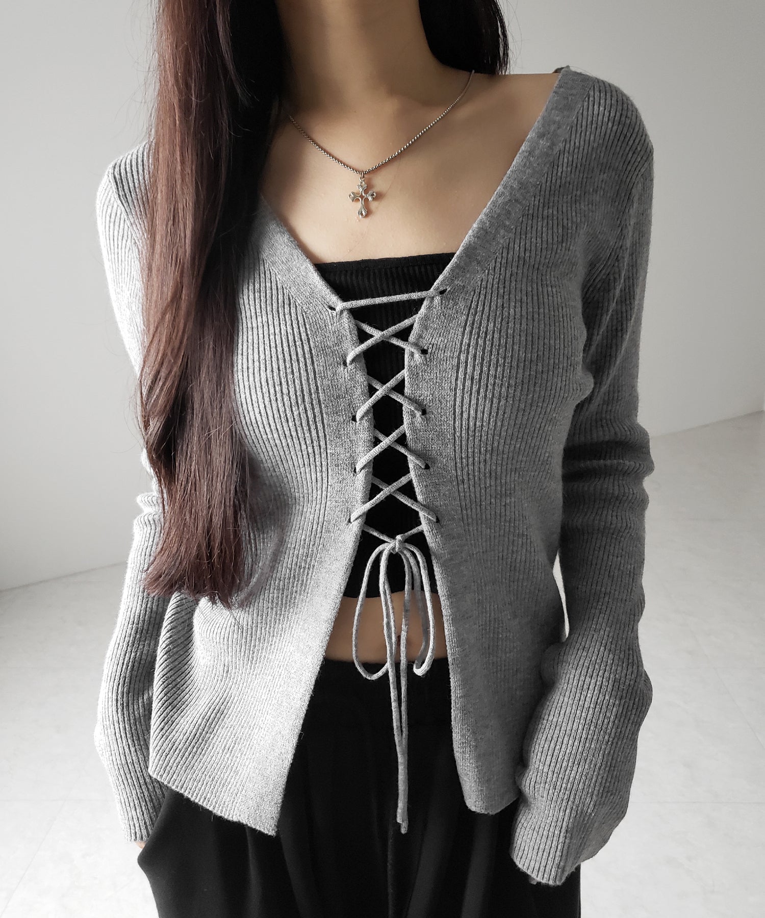 【 3color 】レースアップリボンリブニットカーディガン / lace up ribbon rib knit cardigan