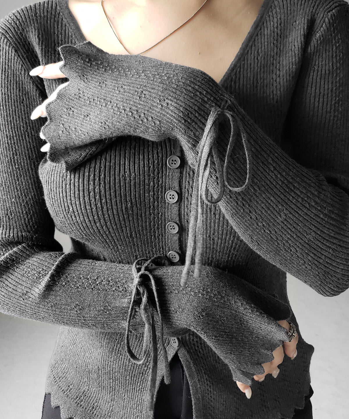フレアリボンスリーブ透かし編みニットカーディガン / flare ribbon sleeve openwork knit cardigan