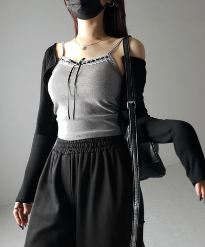 【 カップ付き 】サテンリボンレースリブキャミソール / satin ribbon lace lib camisole