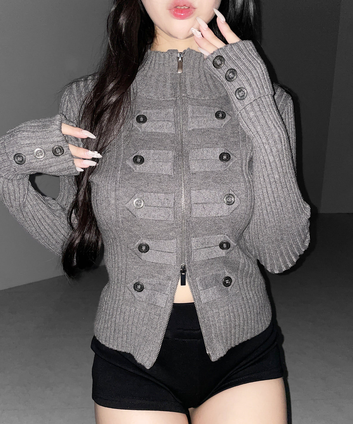 ナポレオンジップアップスリムリブニットカーディガン / Napoleon zipup slim rib knit cardigan