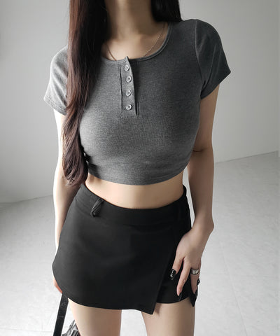 ヘンリーネック半袖ショートリブTシャツ /henley neck short sleeve short lib T-shirt