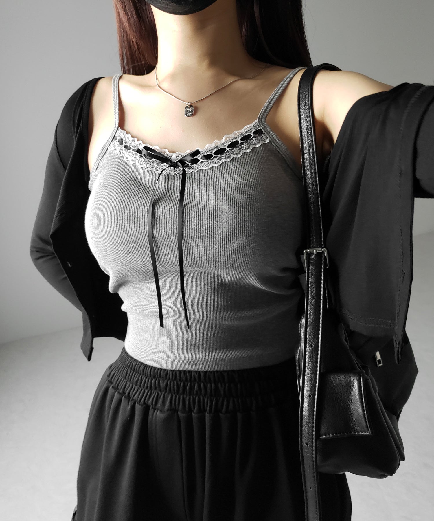 【 カップ付き 】サテンリボンレースリブキャミソール / satin ribbon lace lib camisole