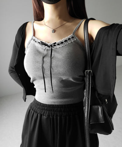 【 カップ付き 】サテンリボンレースリブキャミソール / satin ribbon lace lib camisole