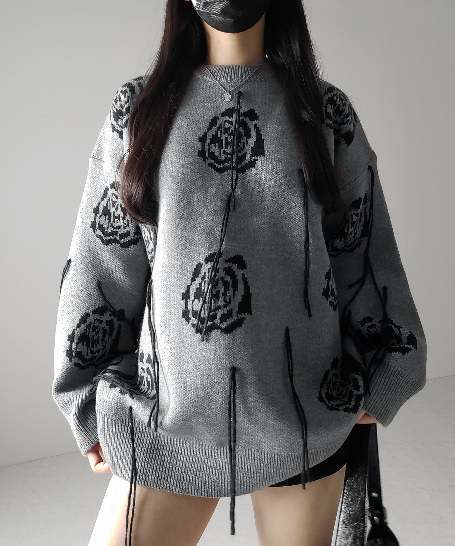 バラジャガードフリンジビッグシルエットニット / rose jacquard fringe big silhouette knit