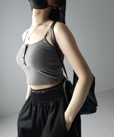 【 カップ付き 】フロントボタンヘンリーネックショートリブキャミソール / front button henry neck short rib camisole