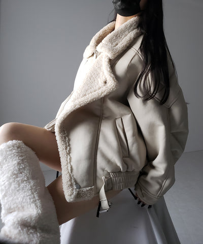 【 2color 】フェイクレザーベルテッドボアムートンジャケット / fake leather belted boa mouton jacket