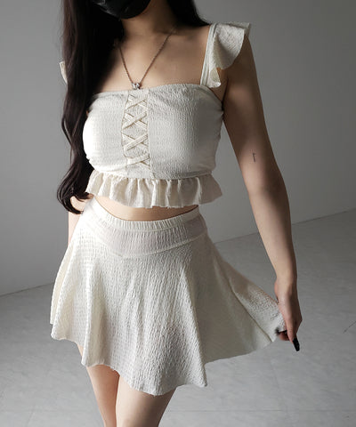 【 レディース水着/2点セット 】レースアップショルダーフリルハイウエストフレアビキニ / lace-up shoulder frill high waist flare bikini
