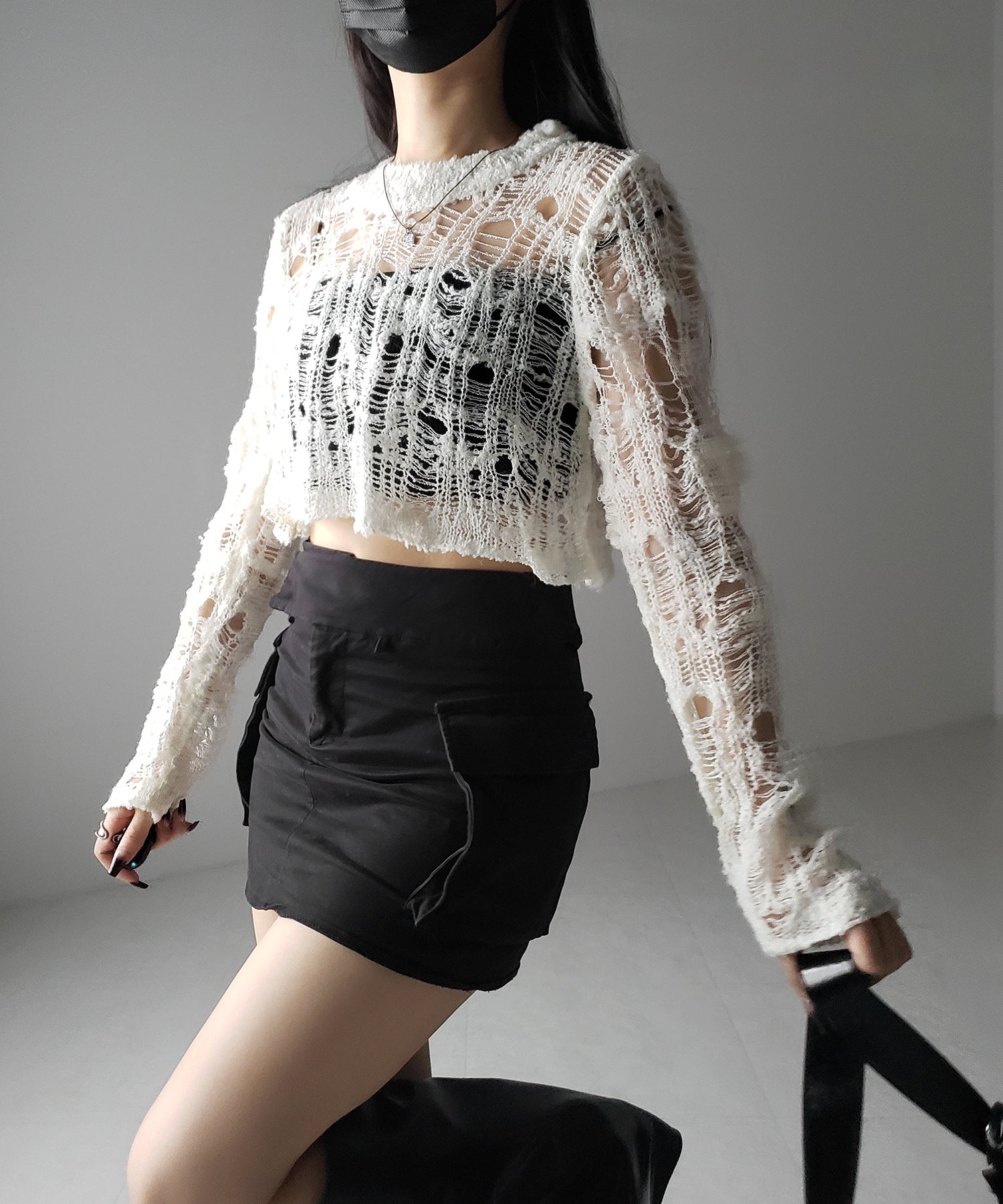 クラッシュダメージショートシアーニット / crush damage short sheer knit