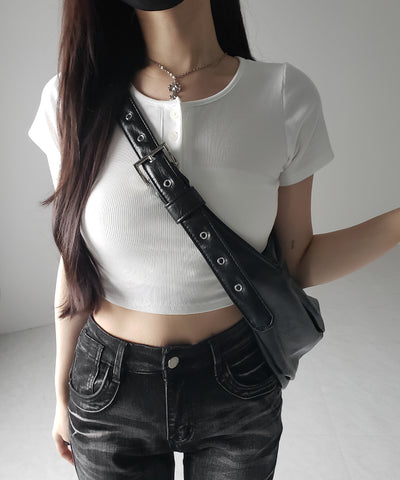 ヘンリーネック半袖ショートリブTシャツ /henley neck short sleeve short lib T-shirt