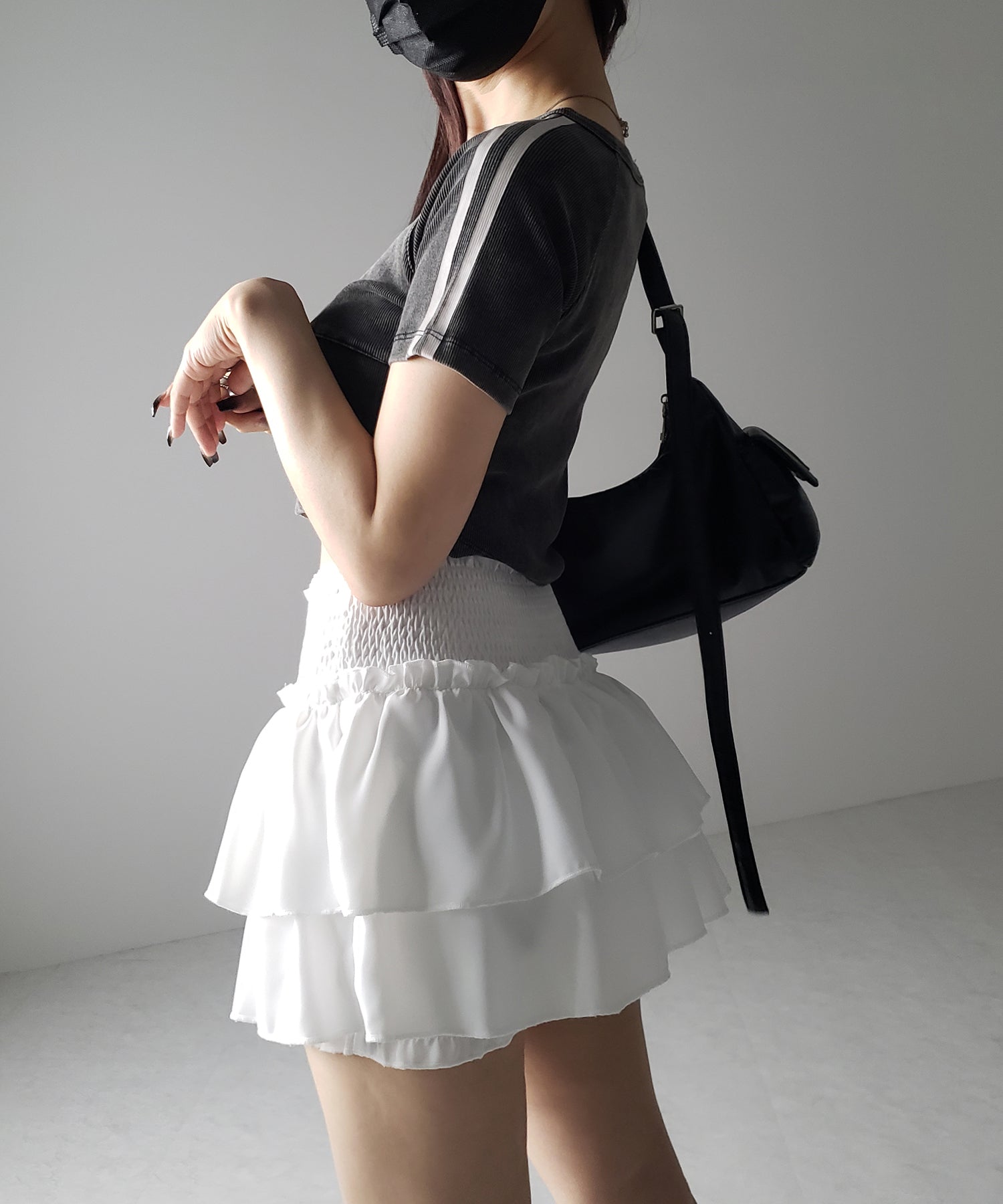 【 3color / 3size 】2段フリルシャーリングミニスカパン / double frill shirring mini skirt pants