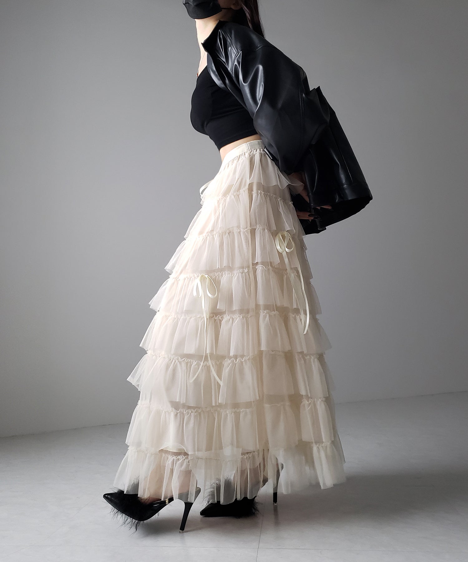 【 新色ピンク追加!/5color 】ストラップリボンバレエコアチュールスカート /strap ribbon ballet core tulle skirt