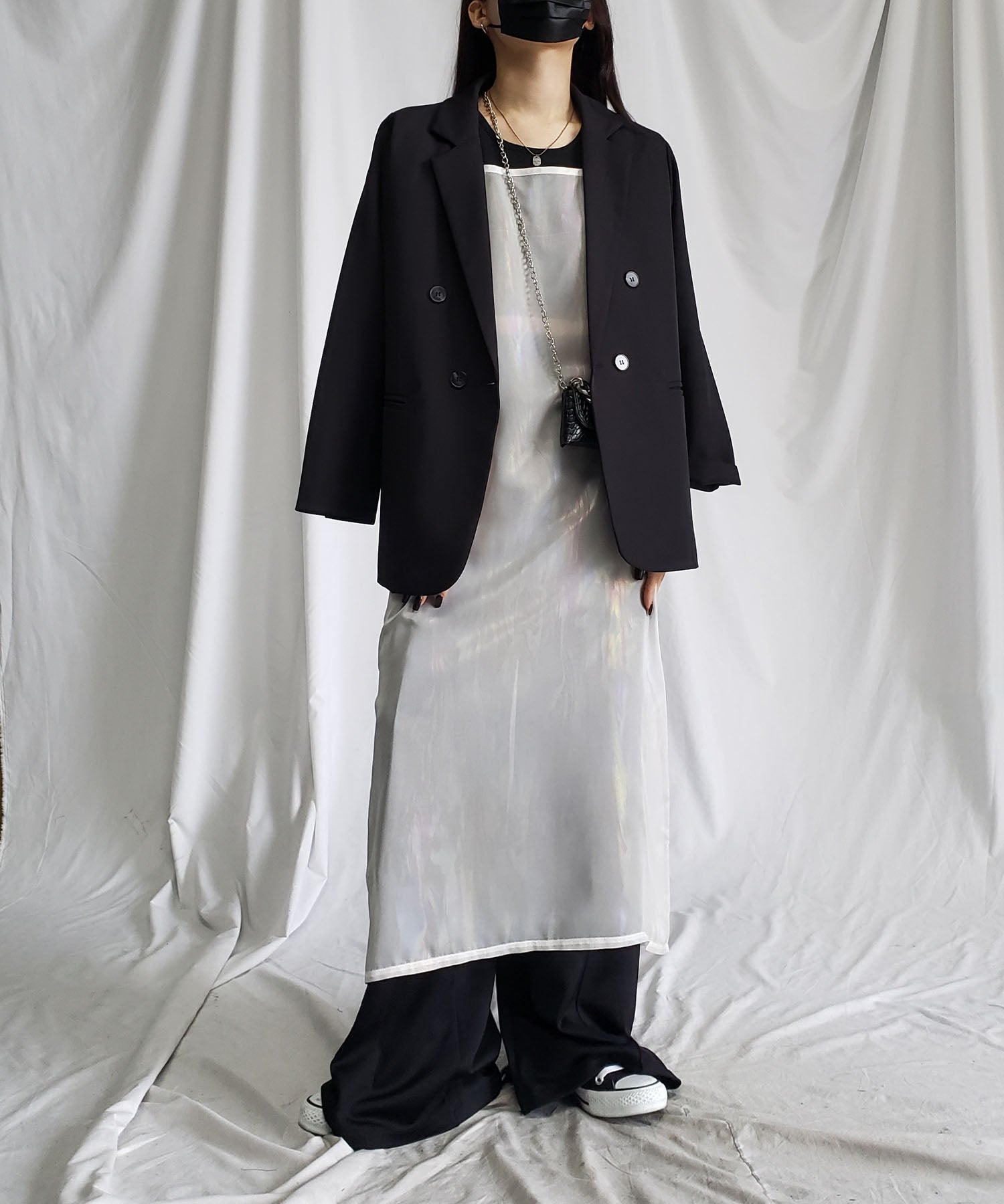 【 3color 】オーロラグロスオーガンジーバックスリットストレートキャミワンピース / Aurora gloss organdy backslit straight cami onepiece