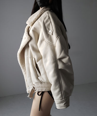 【 2color 】フェイクレザーベルテッドボアムートンジャケット / fake leather belted boa mouton jacket