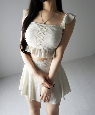 【 レディース水着/2点セット 】レースアップショルダーフリルハイウエストフレアビキニ / lace-up shoulder frill high waist flare bikini