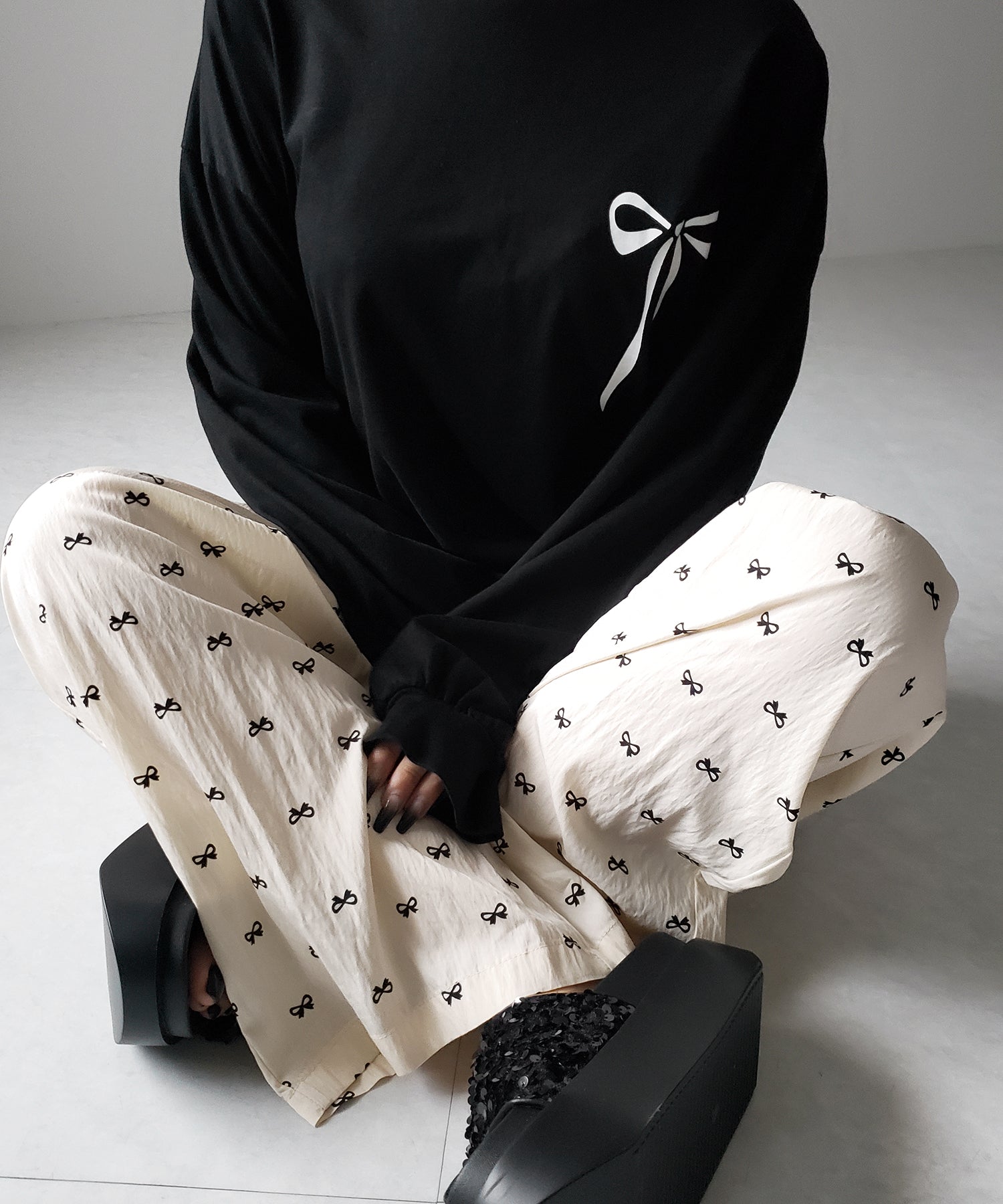 リボンプリントワイドイージーパンツ / ribbon print wide easy pants