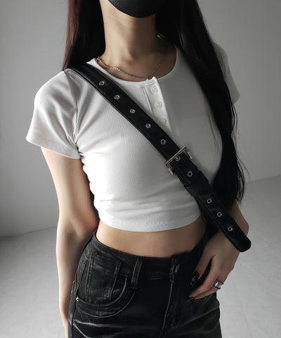 ヘンリーネック半袖ショートリブTシャツ /henley neck short sleeve short lib T-shirt