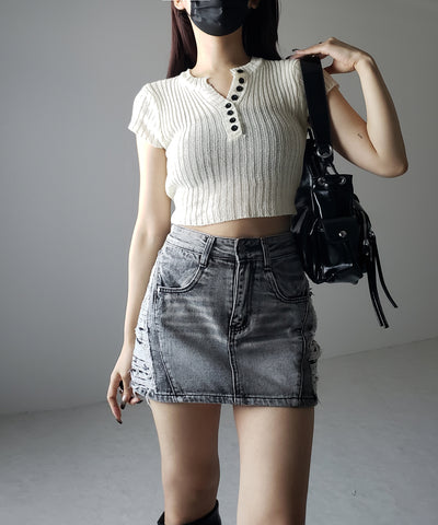 キーネックショートサマーリブニットトップス / Key neck short summer rib knit tops