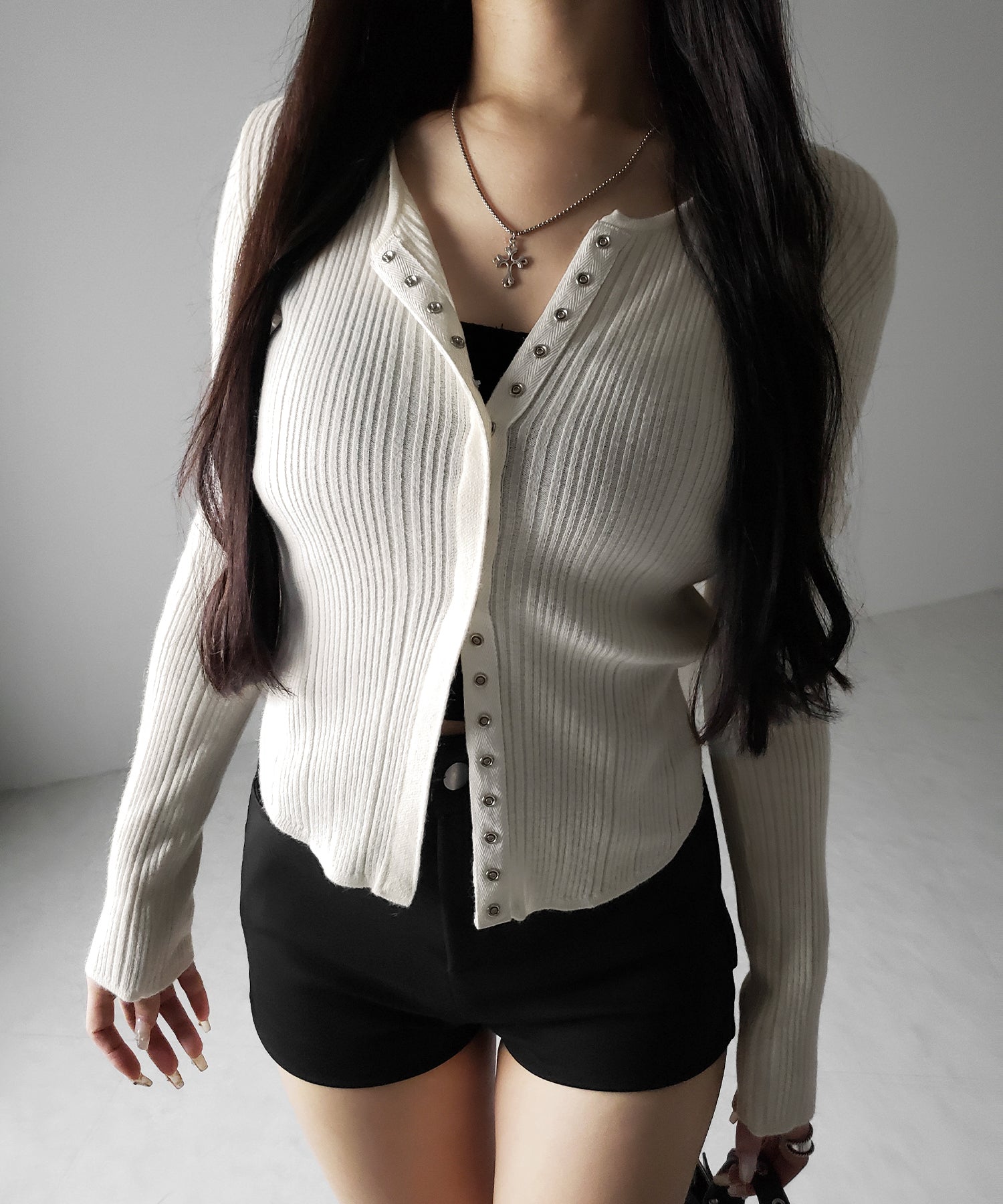 【 3color 】スナップボタンリブニットスリムカーディガン / snap button rib knit slim cardigan