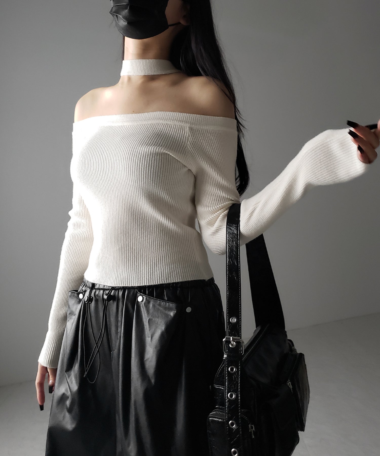 【 2color 】チョーカーオフショルリブニットトップス /choker offshoulder lib knit tops
