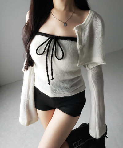 【 2点セット 】フロントリボンニットベアトップ + 長袖ショートカーディガン SET / front ribbon knit bare top + long sleeve short cardigan set
