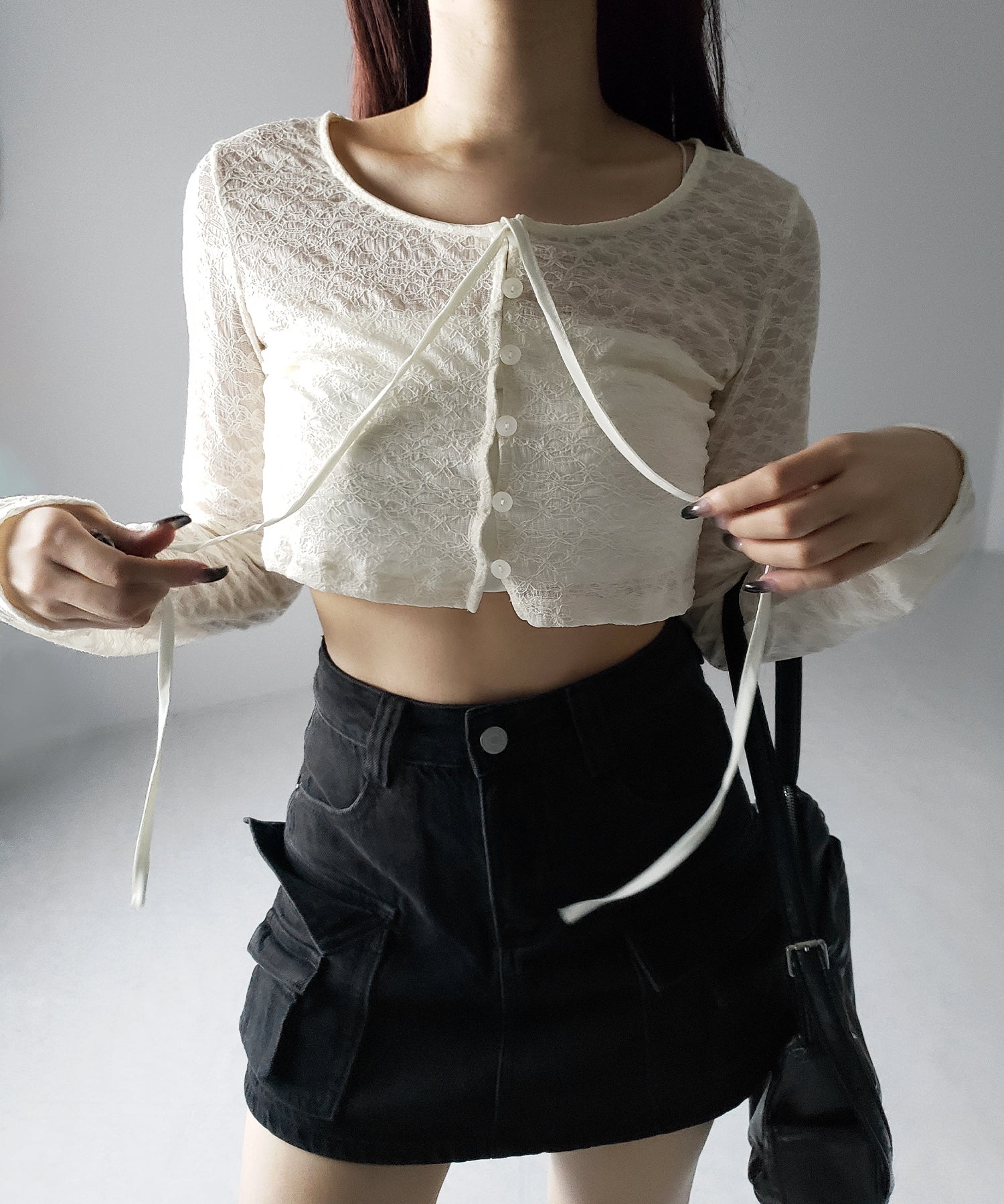 【 2WAY 】クロスストラップリボンショートレースカーディガン / cross strap ribbon short lace cardigan