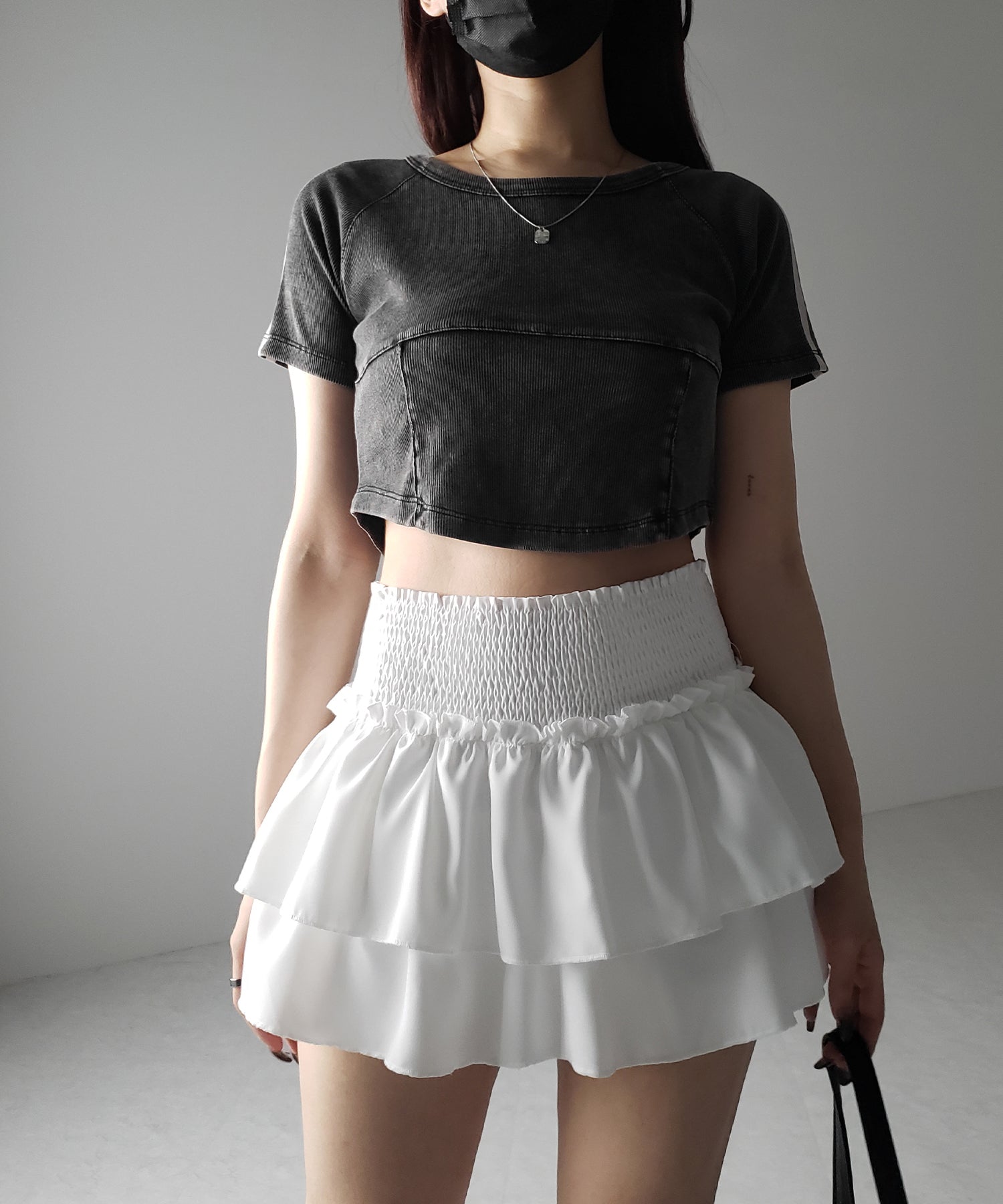 【 3color / 3size 】2段フリルシャーリングミニスカパン / double frill shirring mini skirt pants
