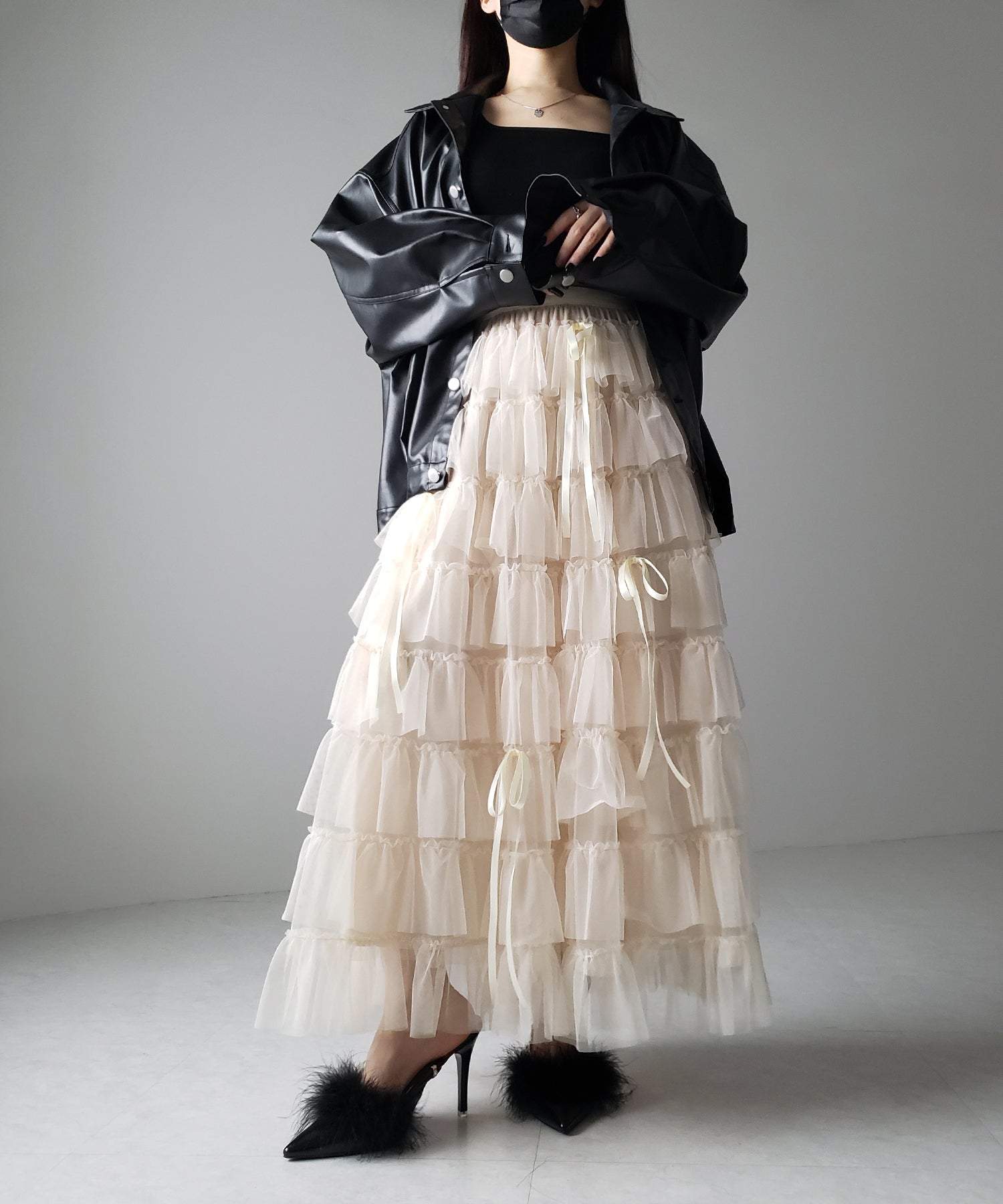 【 新色ピンク追加!/5color 】ストラップリボンバレエコアチュールスカート /strap ribbon ballet core tulle skirt