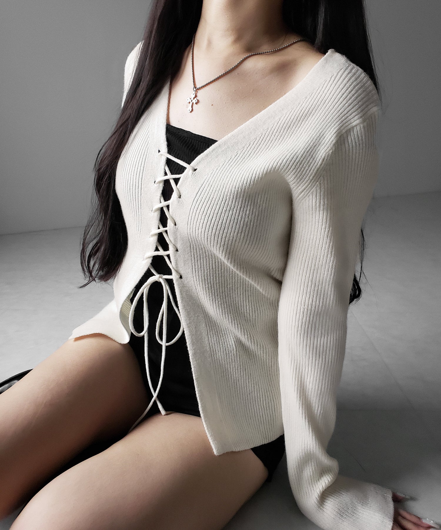 【 3color 】レースアップリボンリブニットカーディガン / lace up ribbon rib knit cardigan